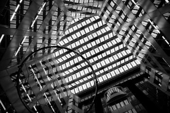 Geometric design architectural details of a modern office building.  Picture in black and white.
