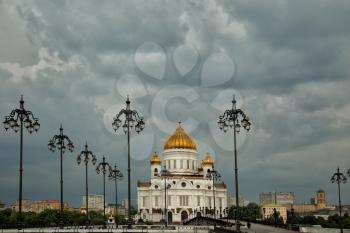 Dramatic sky over The Cathedral of Christ the Savior in Moscow, Russia