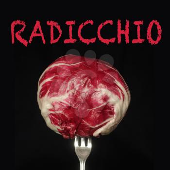 Radicchio on a fork on a black background