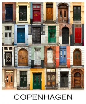 A collage of 24 doors presented in a white border with the city name Copenhagen.