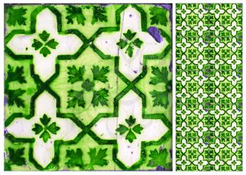 Photographs of traditional portuguese tiles with flowers in green tone