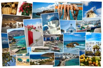 Collage of images from famous location in the cyclades, Greece on white background