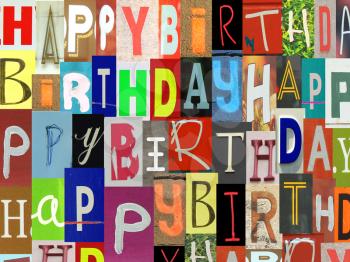 Happy birthday made of colorful newspaper letters cut out 