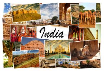 Collage of images from famous location in Rajasthan, India with the word India on white background in the middle of the collage