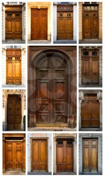 A collage of ancient colorful wooden doors from Lyon in France