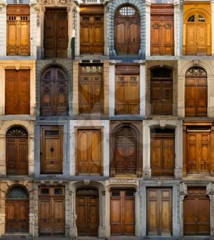 A collage of wooden doors from Lyon, France