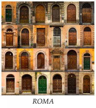 A collage of 24 wooden doors presented in a white border with the city name Roma.