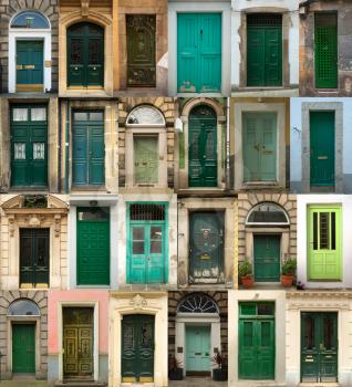 A collage of green doors from everywhere in the world