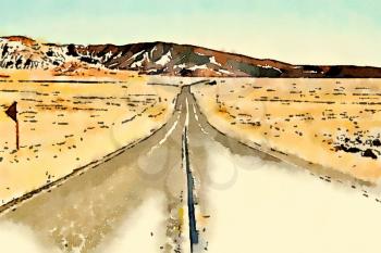 Digital watercolor of road in a desert in USA