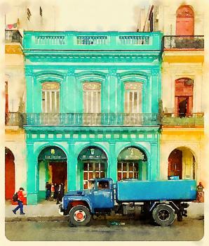Digital watercolor of old blue water tank truck in front of neoclassical building in Havana in Cuba