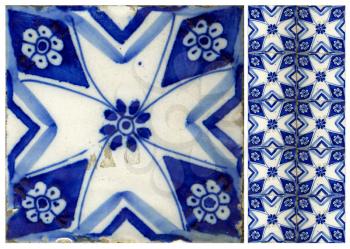 Photographs of traditional portuguese tiles with flowers in blue tone