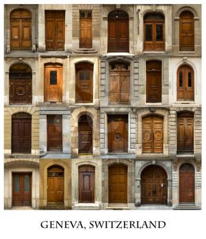 A collage of 24 wooden doors presented in a white border with the city name Geneva.