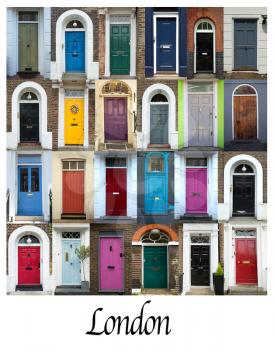 A collage of English doors, presented in a white border with the city name London.
