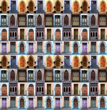 A collage of front doors from Tallin, Estonia, repeated to create a seamless, tillable pattern.