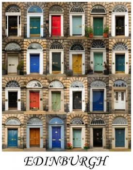 A collage of scottish doors, presented in a white border with the city name Scotland.