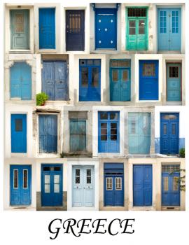 A collage of greek doors, presented in a white border with the city name Greece.