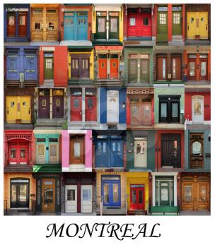 A collage of Montrealer doors, presented in a white border with the city name Montreal, Canada.