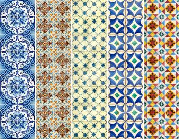Photograph of traditional portuguese tiles in blue, brown, orange and green