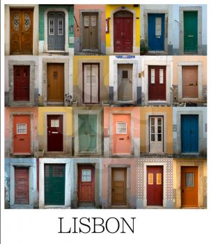 A collage of Portuguese coloured doors presented in a white border with the city name Lisbon.