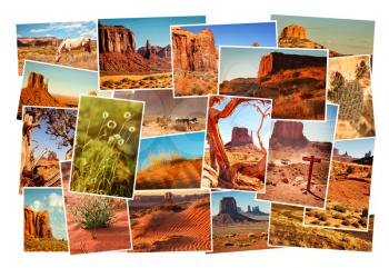 Collage of images from famous location in Monument Valley, Arizona, USA on white background
