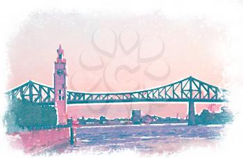 Digital watercolour of Jacques Cartier bridge and clock tower in old port of Montreal, Quebec