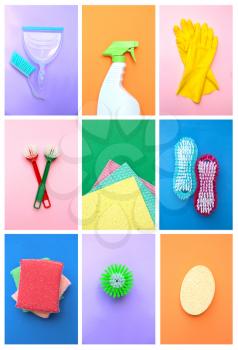 Collage of different cleaning items, like rubber gloves, cleaning spray bottle, brushes, sponges and broom, on an different coloured background