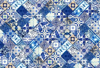 Collection of different blue patterns tiles as a background