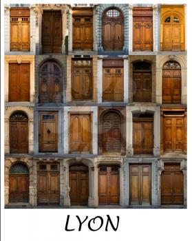 
A collage of French coloured doors presented in a white border with the city name Lyon.