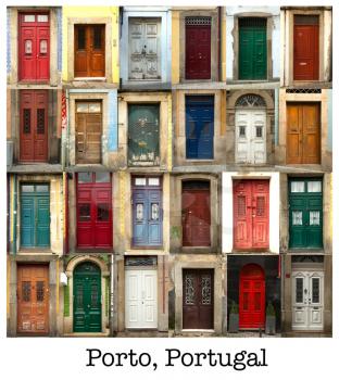 A collage of Portuguese coloured doors presented in a white border with the city name Porto.