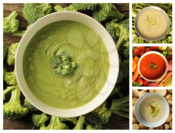 Collage showing different kind of soup, Tomato, celery, asparagus, leek, vegetables, and potato