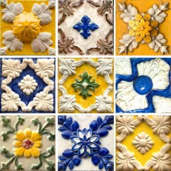Photograph of traditional portuguese tiles in blue and yellow with relief