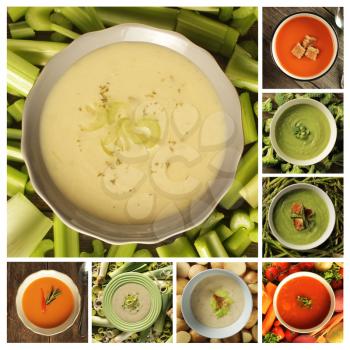 Collage showing different kind of soup, Tomato, celery, asparagus, leek, vegetable, and potato