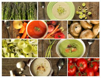 Different variety of soup and veggies on wooden background. Tomato, celery, asparagus, leek, vegetable, and mushroom 