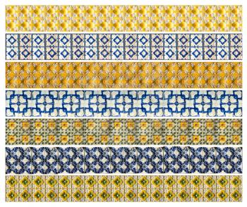 Photograph of traditional of yellow and blue relief  tiled wall taken in Lisbon and Porto in Portugal