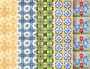 Photograph of traditional portuguese tiles with different pattern in different colours