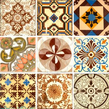 Photograph of 9 traditional portuguese tiles in orange and brown