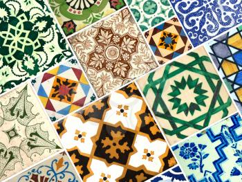 Photograph of traditional portuguese tiles in blue, brown and green