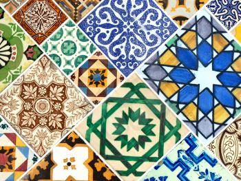Photograph of traditional portuguese tiles in blue, brown and green