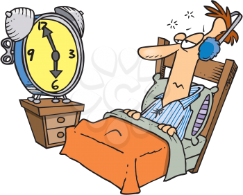 Royalty Free Clipart Image of a Man Ignoring an Alarm Clock By Wearing Ear Muffs