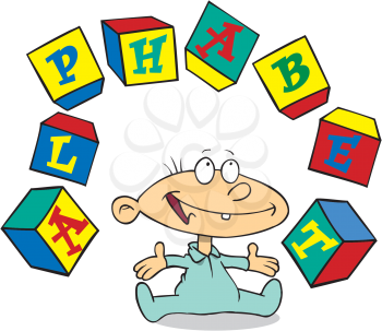 Royalty Free Clipart Image of a Baby Juggling Blocks