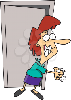 Royalty Free Clipart Image of an Anxious Woman Outside a Door