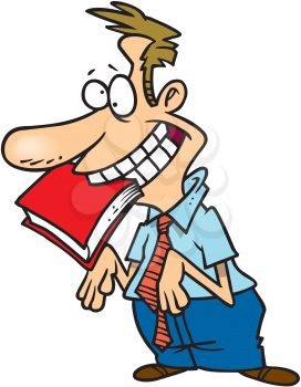 Royalty Free Clipart Image of a Man With a Book Between His Teeth