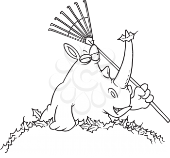 Royalty Free Clipart Image of a Rhinoceros Raking Leaves