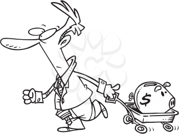 Royalty Free Clipart Image of a Man Pulling a Piggy Bank in a Wagon