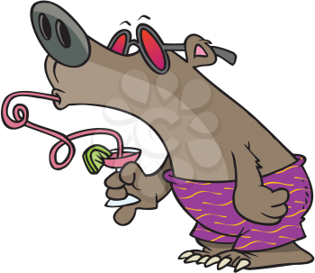 Royalty Free Clipart Image of a Bear in Swim Trunks Drinking a Tropical Drink