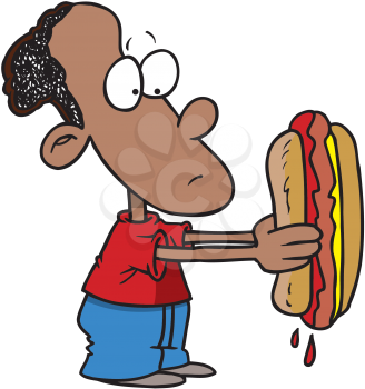 Royalty Free Clipart Image of a Boy Eating a Big Hotdog