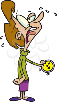 Royalty Free Clipart Image of a Crying Woman Holding a Clock