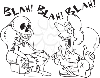 Royalty Free Clipart Image of a Woman Talking to a Skeleton