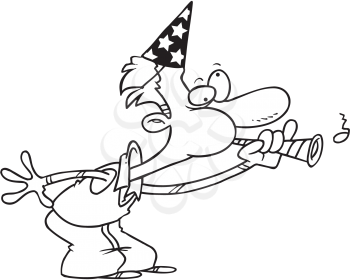 Royalty Free Clipart Image of a Man Blowing a Party Horn