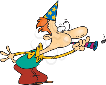 Royalty Free Clipart Image of a Man Blowing a Party Horn